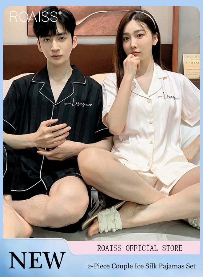 2-Piece Couple Style Ice Silk Pajama Set For Men And Women Button Fastening Lapel Short-Sleeved Shirt And Elastic Waist Shorts Set Home Wear