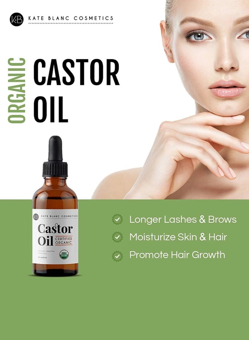 Castor Oil - USDA Certified Organic  100% Pure  Cold Pressed Hexane Free by Kate Blanc. Stimulate Growth for Eyelashes, Eyebrows, Hair. Lash Growth Serum. Brow . Mascara Kit