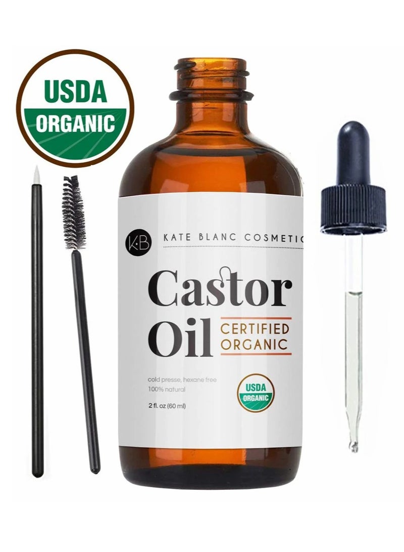 Castor Oil - USDA Certified Organic  100% Pure  Cold Pressed Hexane Free by Kate Blanc. Stimulate Growth for Eyelashes, Eyebrows, Hair. Lash Growth Serum. Brow . Mascara Kit