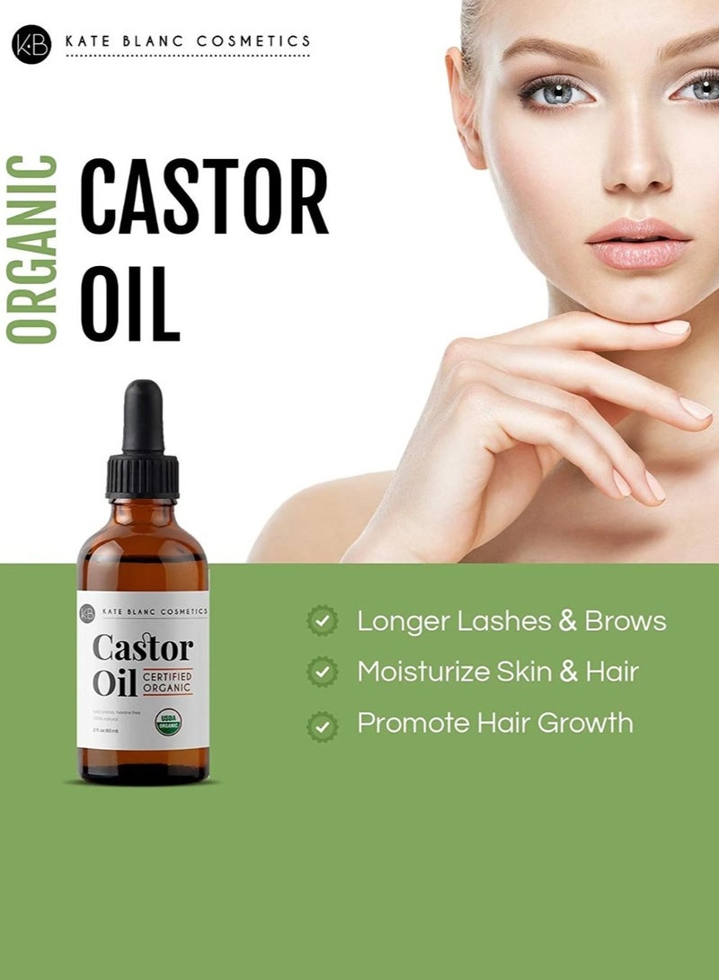 Castor Oil - USDA Certified Organic  100% Pure  Cold Pressed Hexane Free by Kate Blanc. Stimulate Growth for Eyelashes, Eyebrows, Hair. Lash Growth Serum. Brow . Mascara Kit