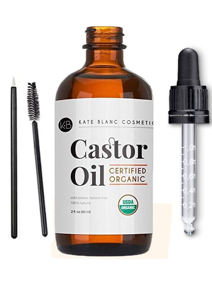 Castor Oil - USDA Certified Organic  100% Pure  Cold Pressed Hexane Free by Kate Blanc. Stimulate Growth for Eyelashes, Eyebrows, Hair. Lash Growth Serum. Brow . Mascara Kit