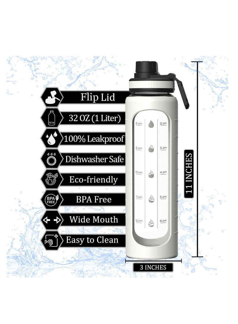 32 oz Glass Water Bottle with Time Marks and Silicone Sleeve - Flip Lid, Motivational Water Bottles for Hydration, Reusable, Wide Mouth, Leakproof, 1 Liter Glass Drinking Bottle, BPA Free