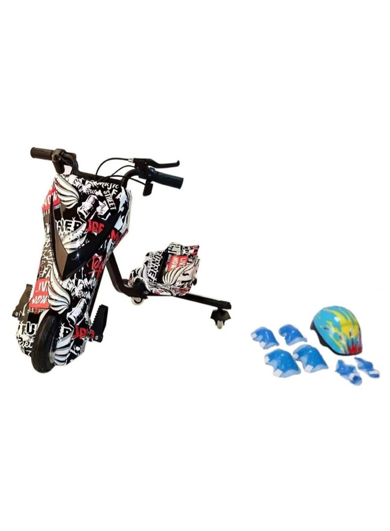 3 Wheel Drifter 36v Electric Scooter 360 Degree Rotation with Led Light Comfortable Seat and Bluetooth Black/White Graffiti