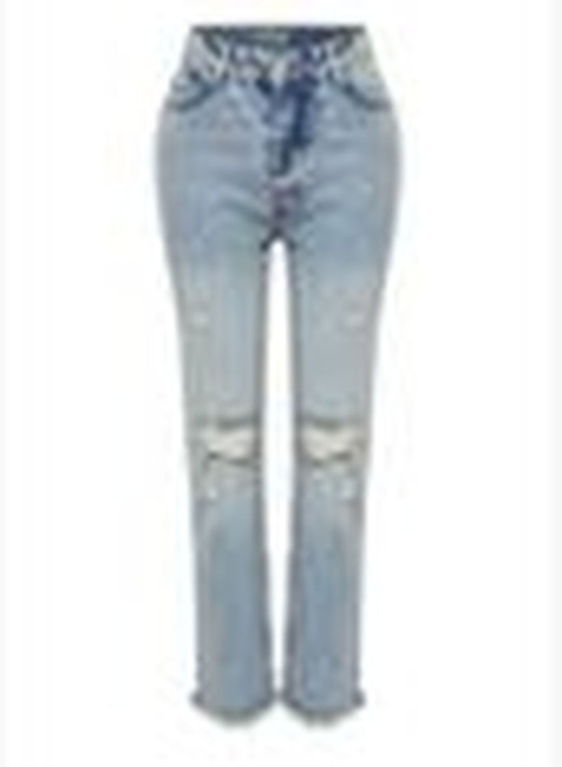 Blue Ripped Detailed High Waist Straight Jeans TWOSS24JE00178