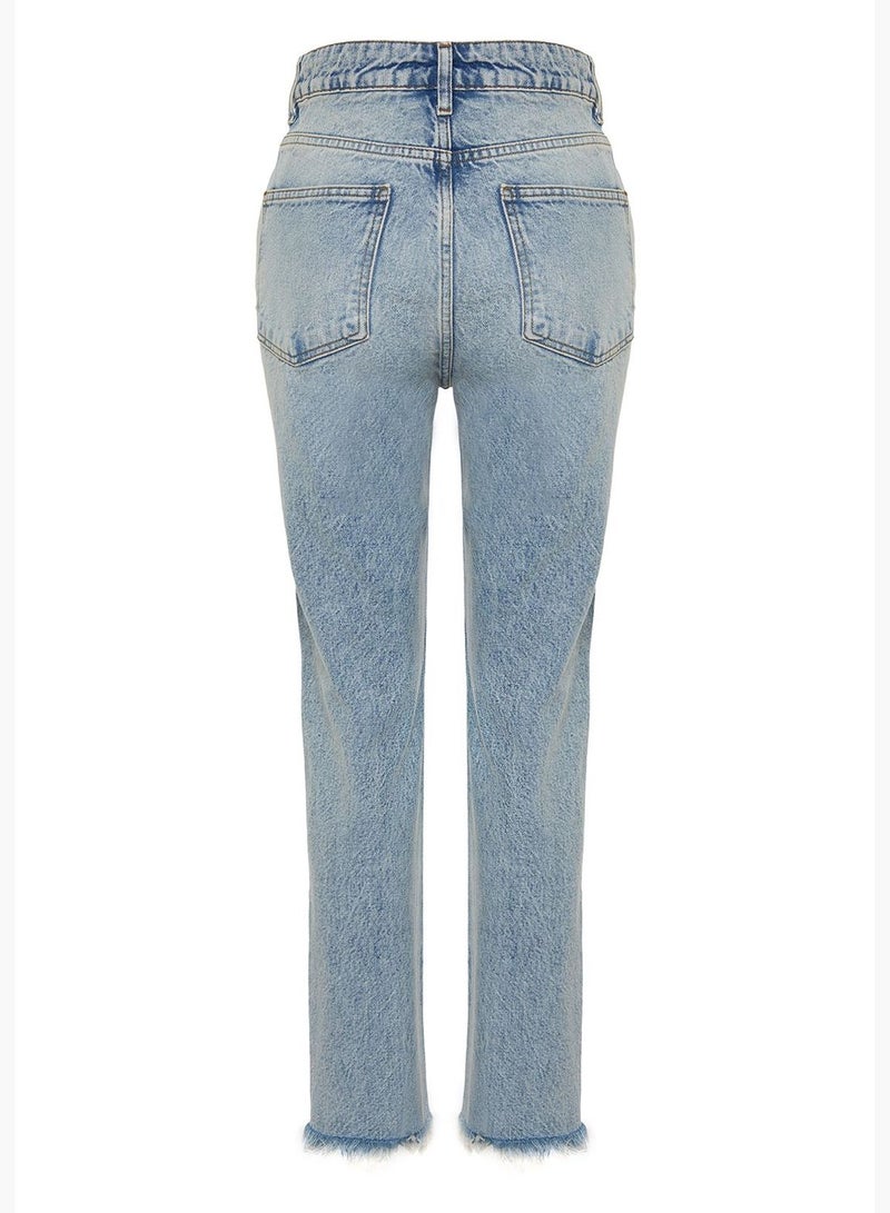 Blue Ripped Detailed High Waist Straight Jeans TWOSS24JE00178