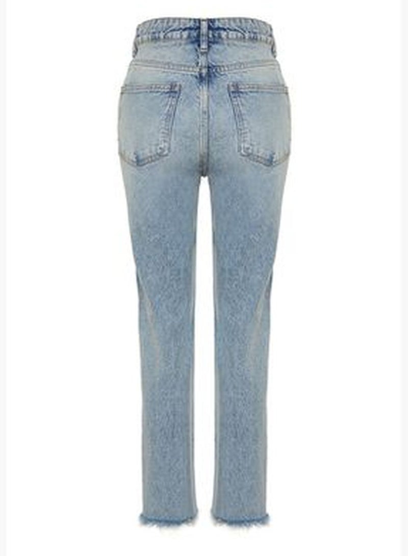 Blue Ripped Detailed High Waist Straight Jeans TWOSS24JE00178