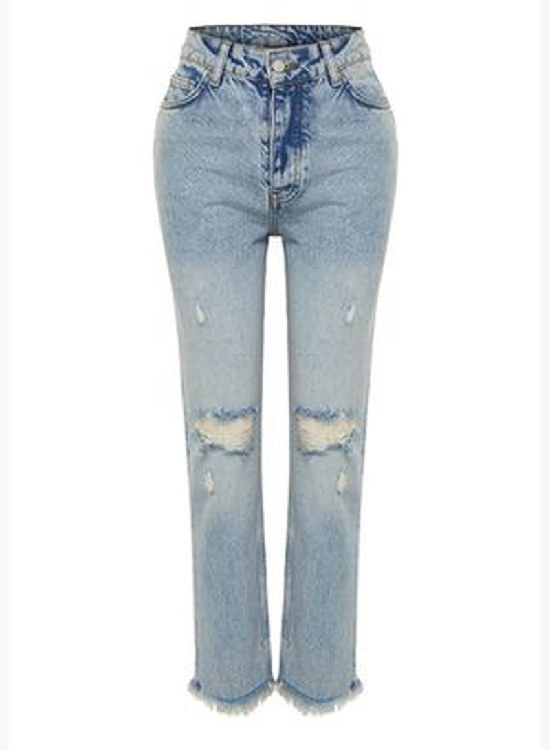 Blue Ripped Detailed High Waist Straight Jeans TWOSS24JE00178