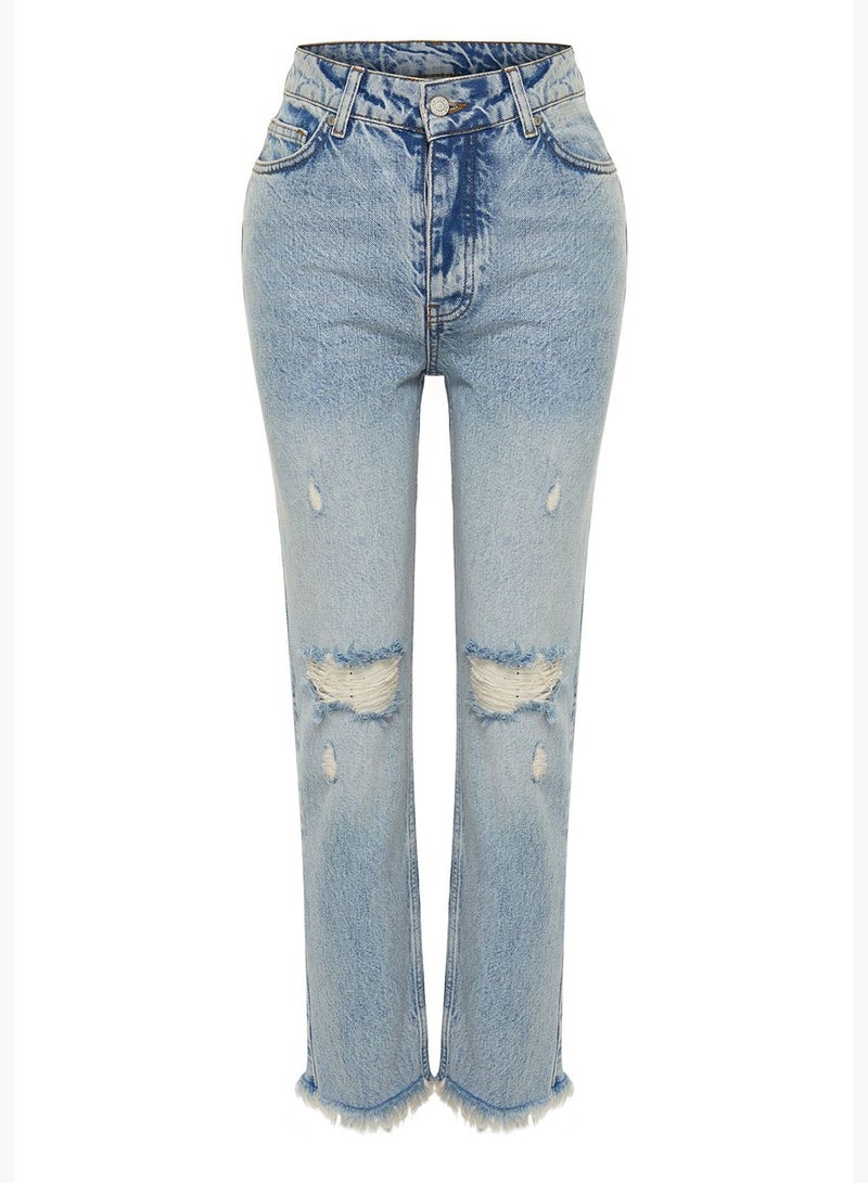 Blue Ripped Detailed High Waist Straight Jeans TWOSS24JE00178