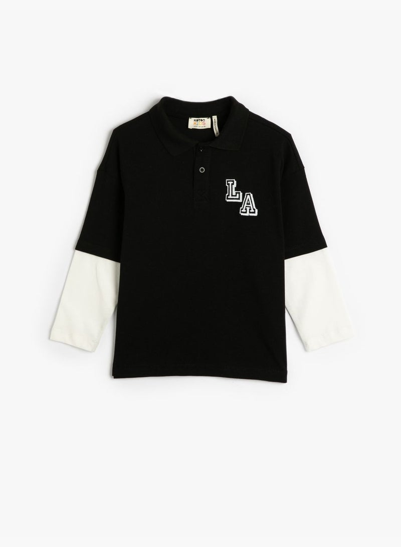 T-Shirt Long Sleeve Polo Neck Color Block Varsity Printed Cotton