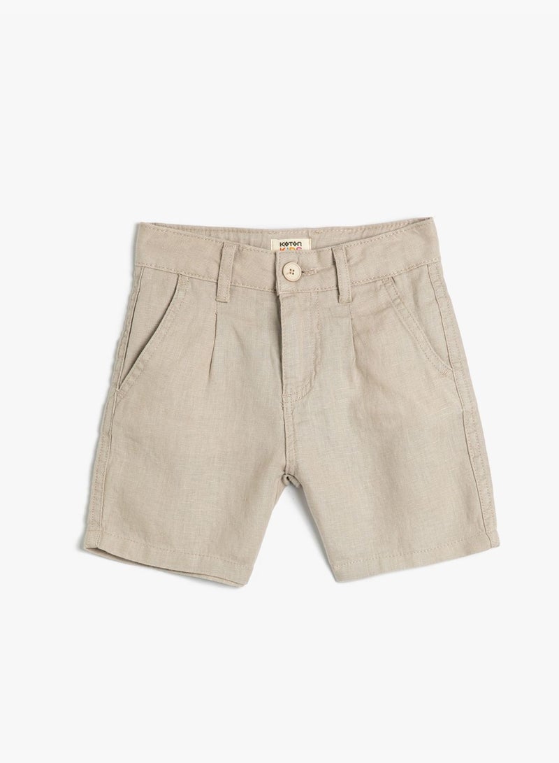Linen Shorts Pocket Detail Button Closure