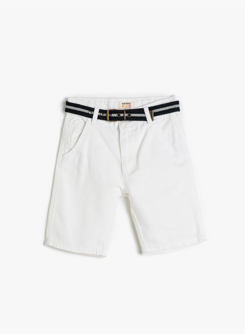 Basic Bermuda Shorts Belt Detail Pockets Cotton
