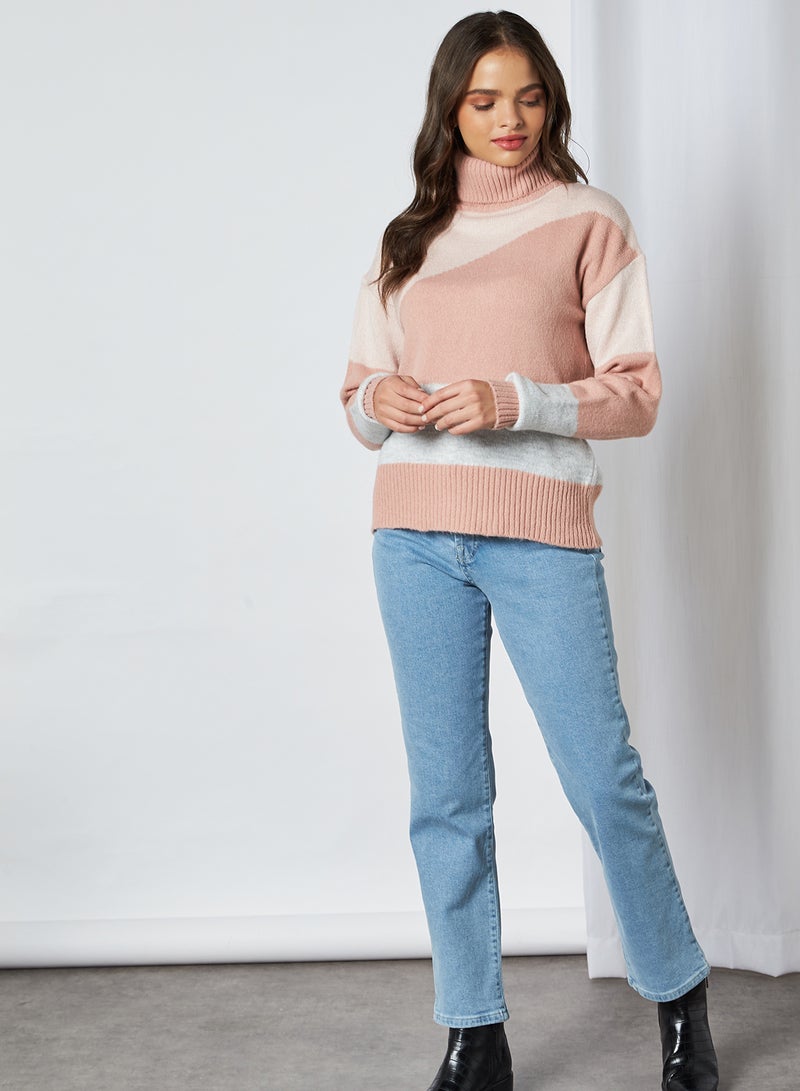 Split Colour Turtle Neck Sweater Light Pink