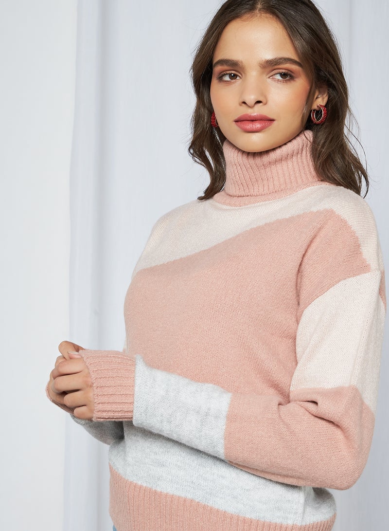 Split Colour Turtle Neck Sweater Light Pink