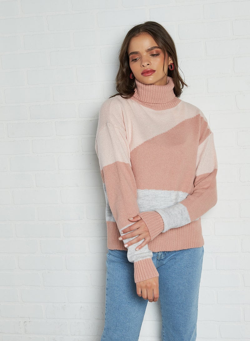 Split Colour Turtle Neck Sweater Light Pink