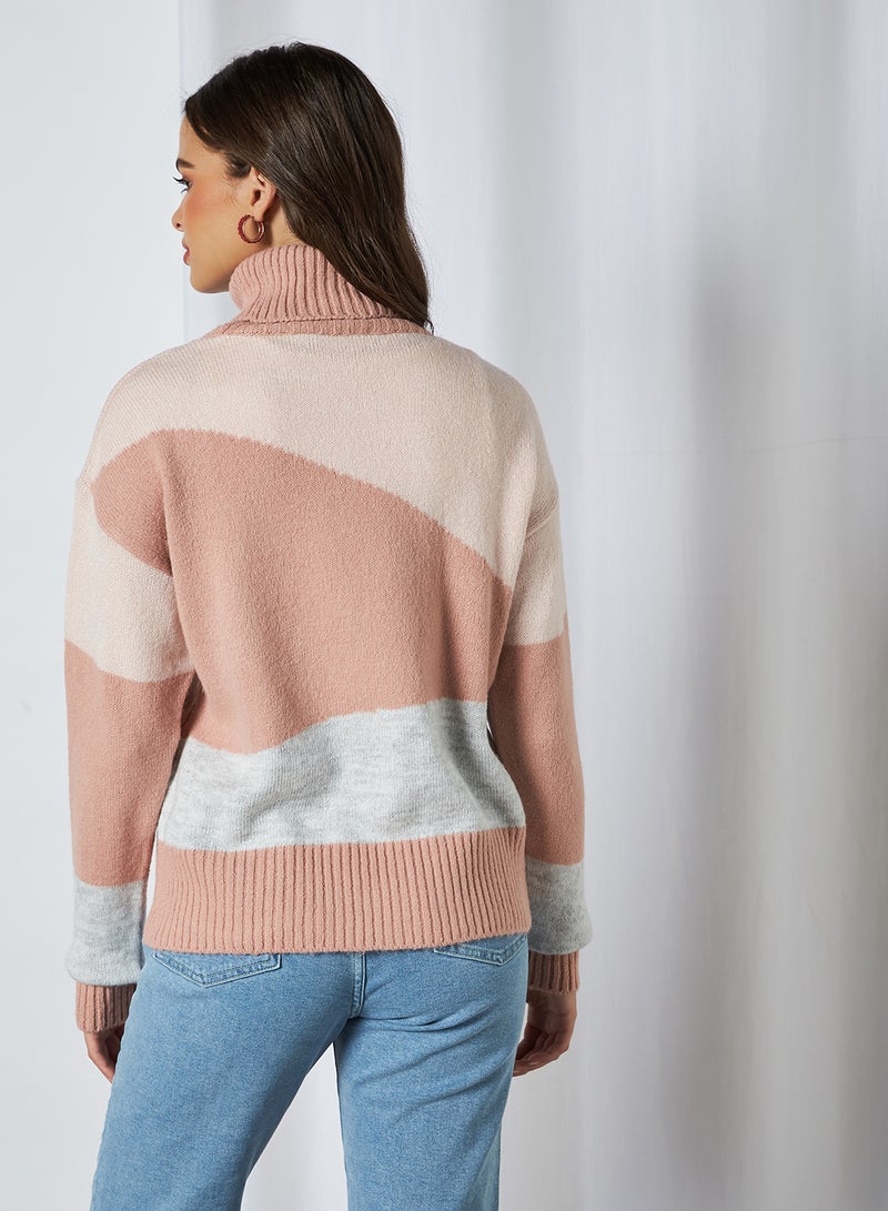 Split Colour Turtle Neck Sweater Light Pink