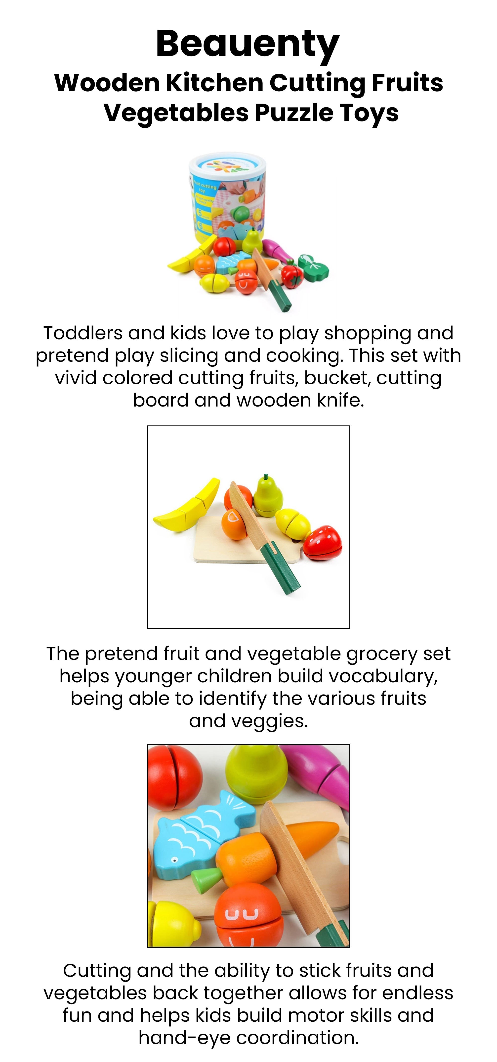 Wooden Kitchen Pretend Cutting Fruits Vegetables Puzzle Game Set For Kids, 2+ Years 19.2x18.3x18.3cm