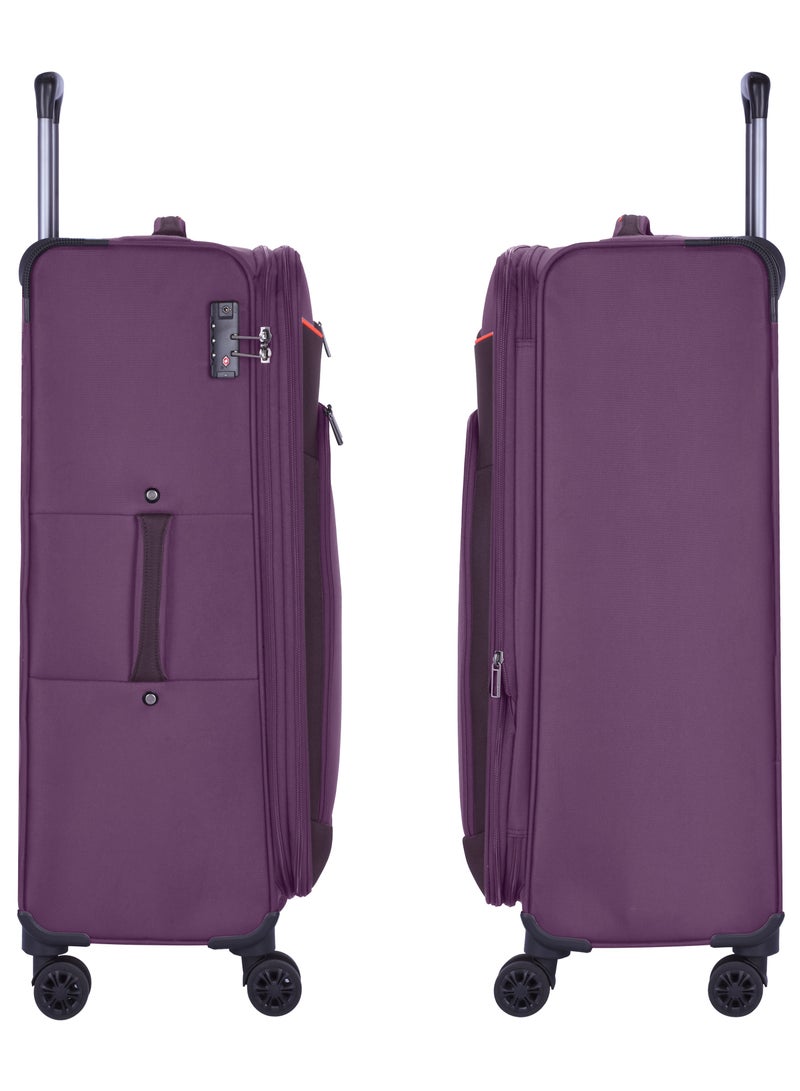 Unisex Soft Travel Bag Trolley Luggage Set of 3 Polyester Lightweight Expandable 4 Double Spinner Wheeled Suitcase with 3 Digit TSA lock E765 Purple