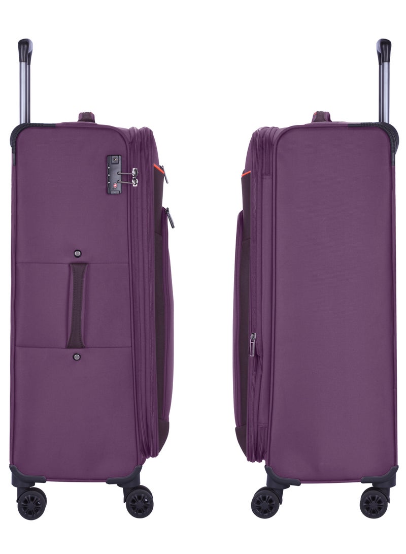 Unisex Soft Travel Bag Large Luggage Trolley Polyester Lightweight Expandable 4 Double Spinner Wheeled Suitcase with 3 Digit TSA lock E765 Purple