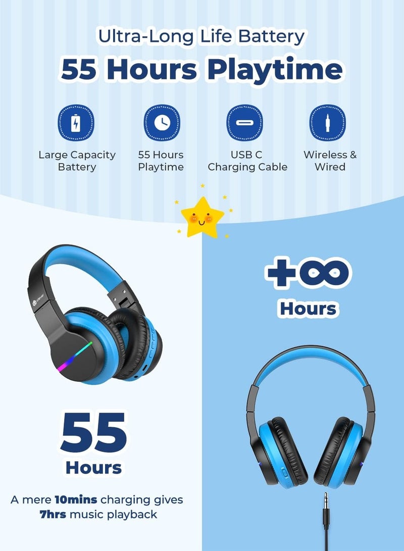 Bluetooth Kids Headphones, BTH12 Colorful LED Lights Kids Wireless Headphones Over Ear with 74/85/94dB Volume Limited, 55H Playtime, Bluetooth 5.2, Built-in Mic for School/Tablet/PC