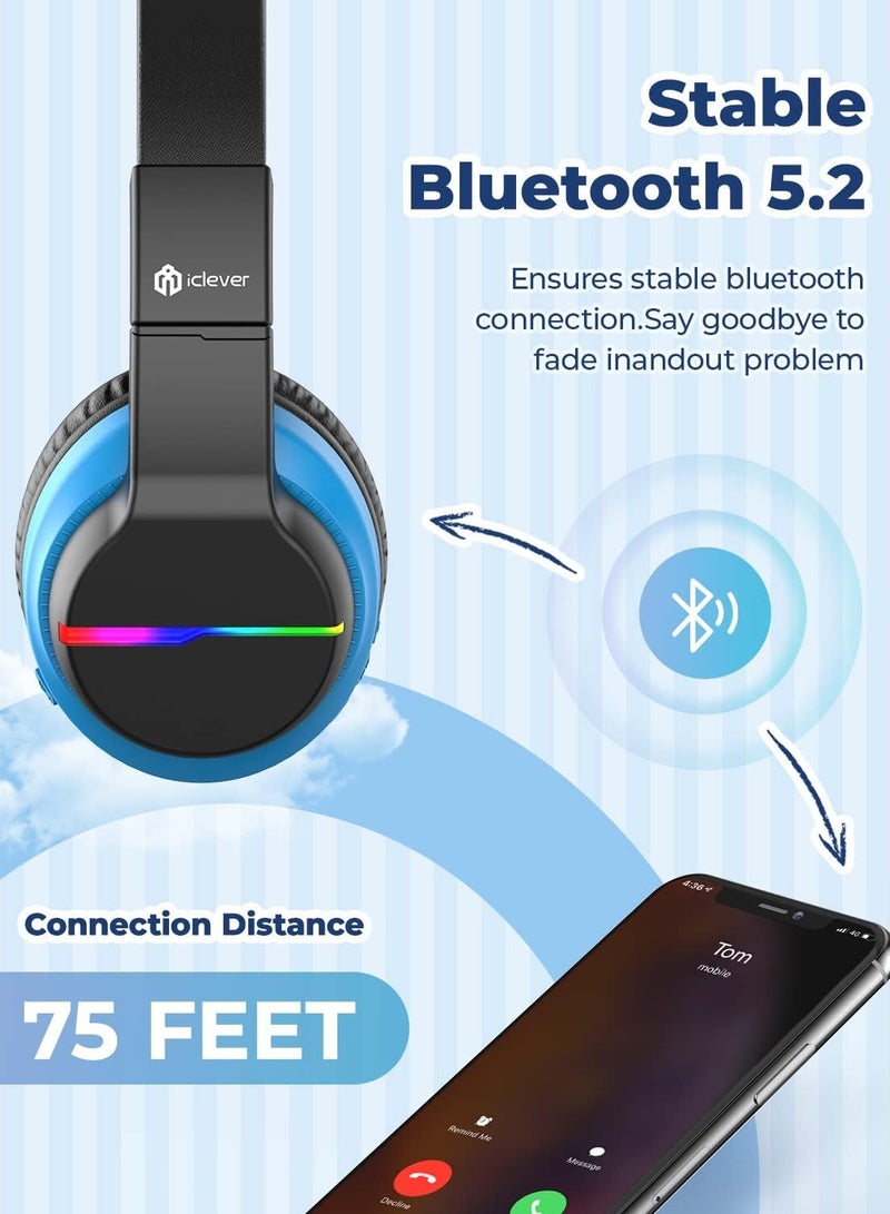 Bluetooth Kids Headphones, BTH12 Colorful LED Lights Kids Wireless Headphones Over Ear with 74/85/94dB Volume Limited, 55H Playtime, Bluetooth 5.2, Built-in Mic for School/Tablet/PC