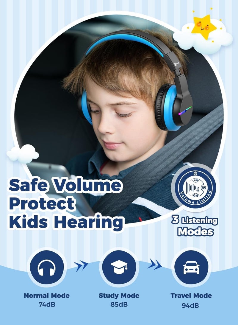 Bluetooth Kids Headphones, BTH12 Colorful LED Lights Kids Wireless Headphones Over Ear with 74/85/94dB Volume Limited, 55H Playtime, Bluetooth 5.2, Built-in Mic for School/Tablet/PC