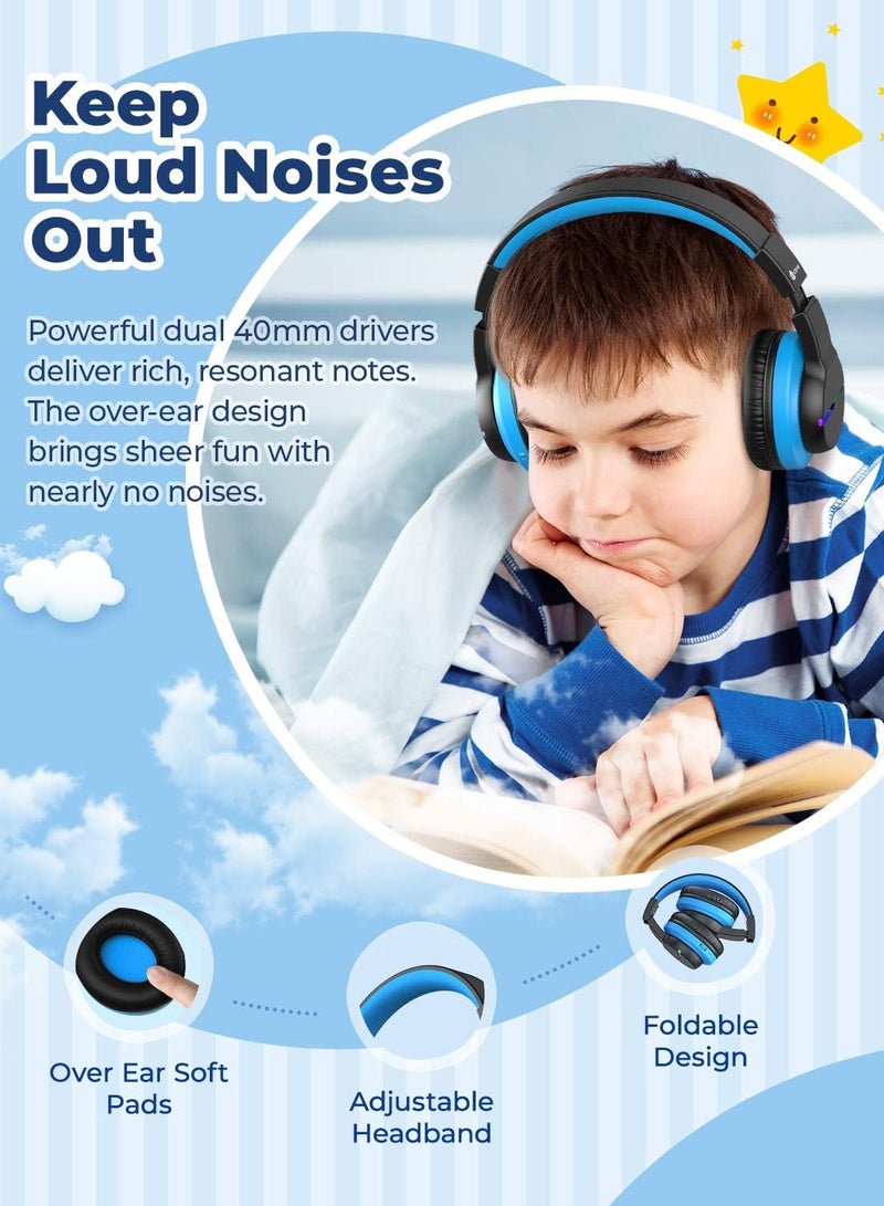 Bluetooth Kids Headphones, BTH12 Colorful LED Lights Kids Wireless Headphones Over Ear with 74/85/94dB Volume Limited, 55H Playtime, Bluetooth 5.2, Built-in Mic for School/Tablet/PC