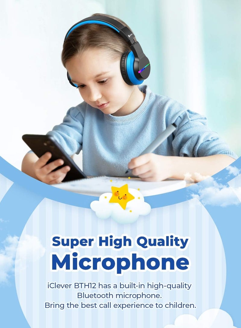 Bluetooth Kids Headphones, BTH12 Colorful LED Lights Kids Wireless Headphones Over Ear with 74/85/94dB Volume Limited, 55H Playtime, Bluetooth 5.2, Built-in Mic for School/Tablet/PC