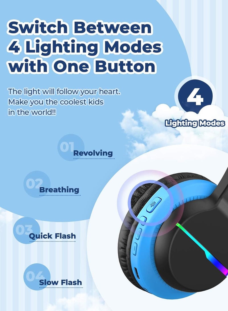 Bluetooth Kids Headphones, BTH12 Colorful LED Lights Kids Wireless Headphones Over Ear with 74/85/94dB Volume Limited, 55H Playtime, Bluetooth 5.2, Built-in Mic for School/Tablet/PC
