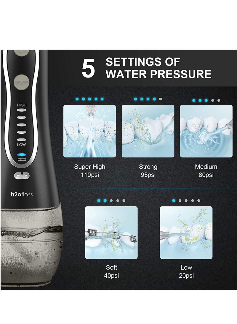 H2ofloss Water Flosser Portable Dental Oral Irrigator with 5 Modes, 6 Replaceable Jet Tips, Rechargeable Waterproof Teeth Cleaner for Home and Travel -300ml Detachable Reservoir Black