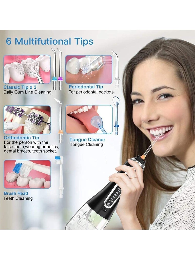 Water Floss Cordless Oral Irrigator Portable Rechargeable Dental Flossers with 5 Modes and 6 Tips H2O Flossing with 300ML Water Tank for Home and Travel Braces and Bridges Care