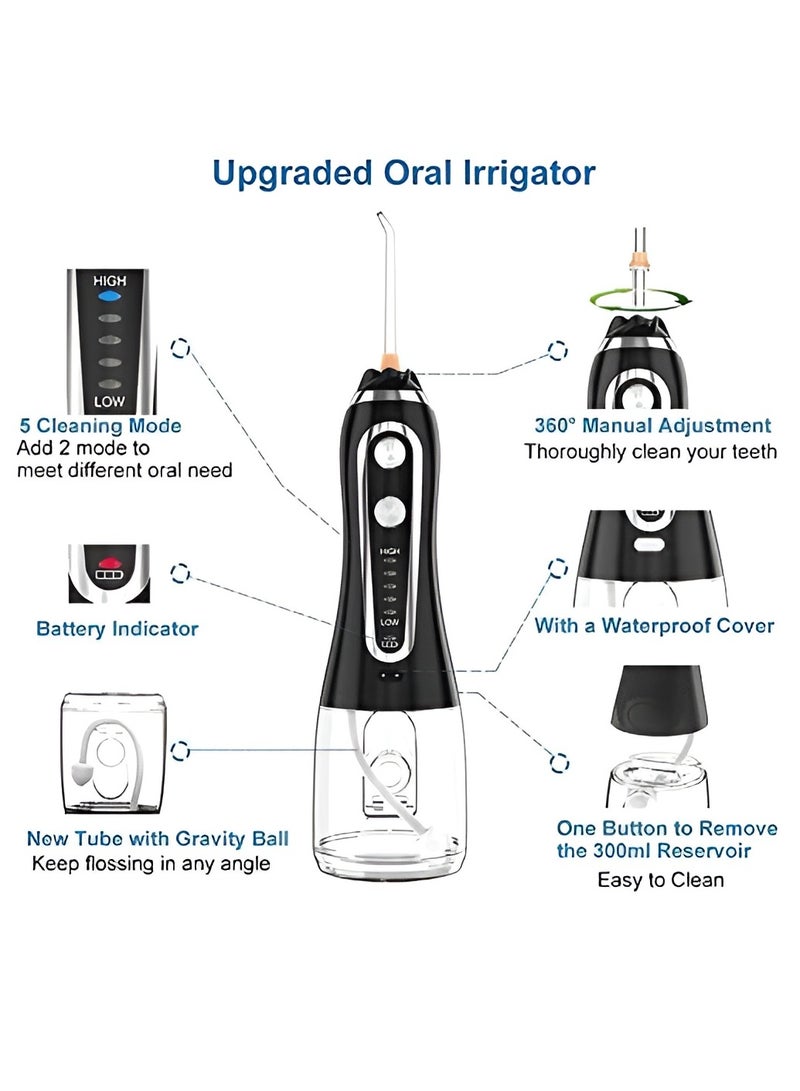 Water Floss Cordless Oral Irrigator Portable Rechargeable Dental Flossers with 5 Modes and 6 Tips H2O Flossing with 300ML Water Tank for Home and Travel Braces and Bridges Care