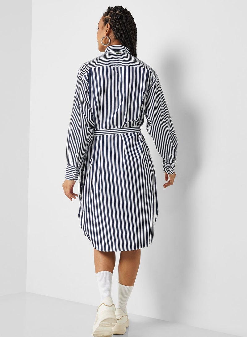 Striped Button And Tie Detail Dress