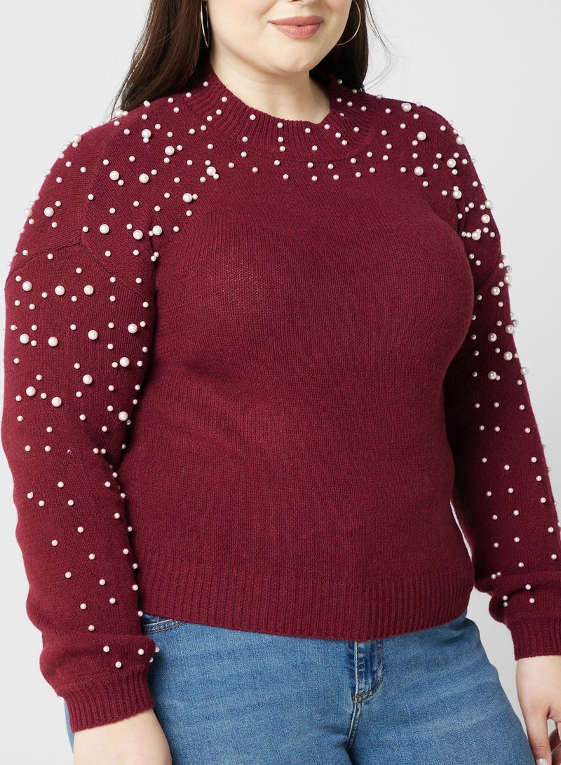 Pearl Motif High Neck Sweater