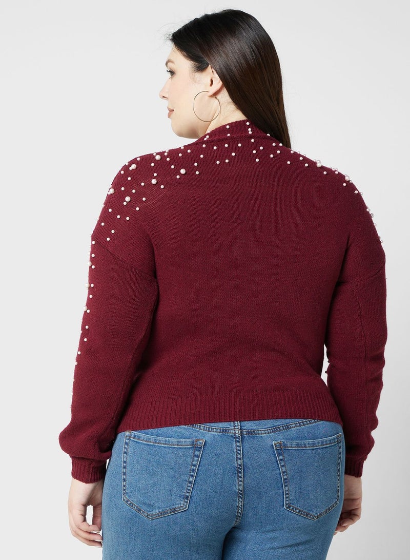 Pearl Motif High Neck Sweater