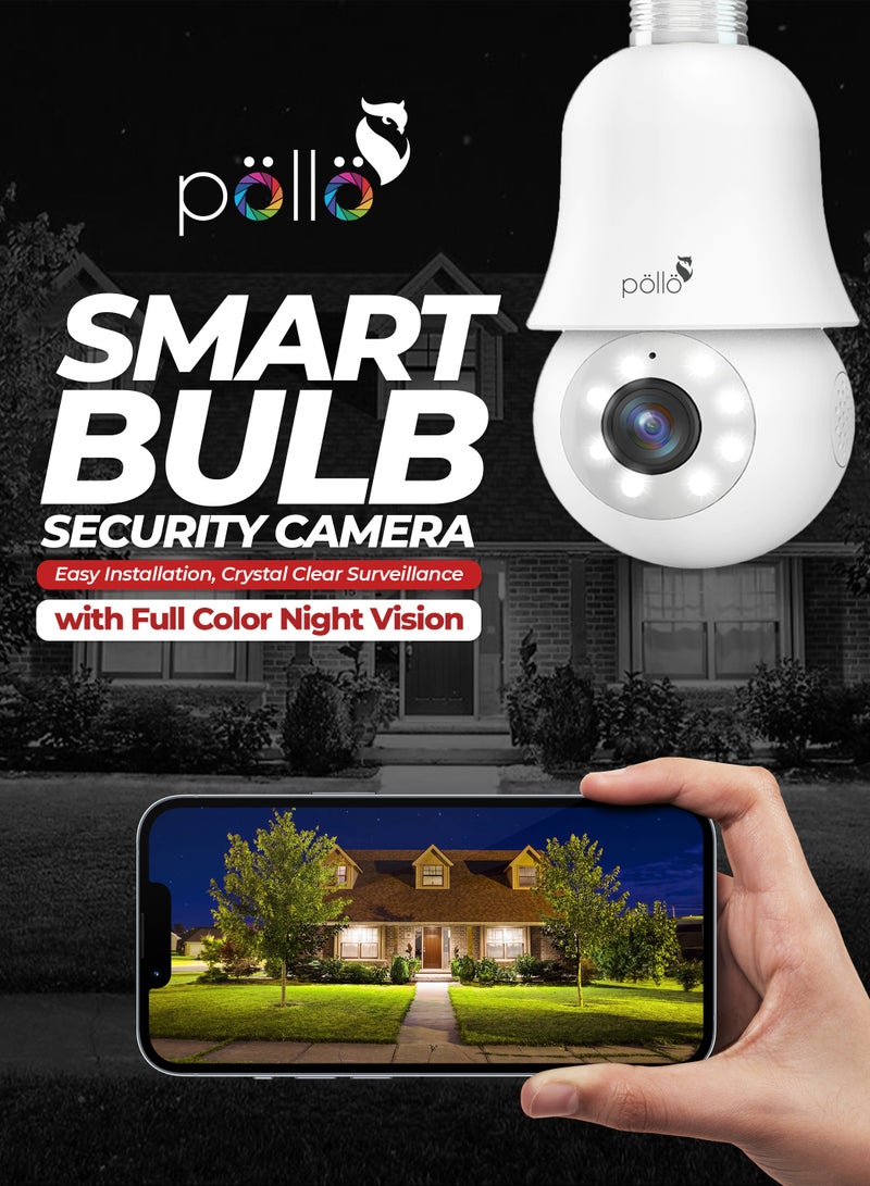 Pollo 3MP Guardian Bulb Smart Wi-Fi PTZ Security Camera Color Night Vision with 2-Way Audio, Human Tracking, Kids Monitoring, 360 Degree Rotation, Upto 128GB Micro SDCard Supported