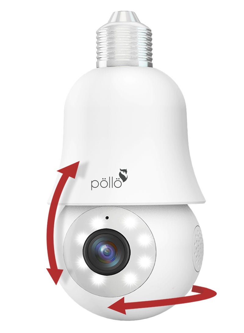 Pollo 3MP Guardian Bulb Smart Wi-Fi PTZ Security Camera Color Night Vision with 2-Way Audio, Human Tracking, Kids Monitoring, 360 Degree Rotation, Upto 128GB Micro SDCard Supported