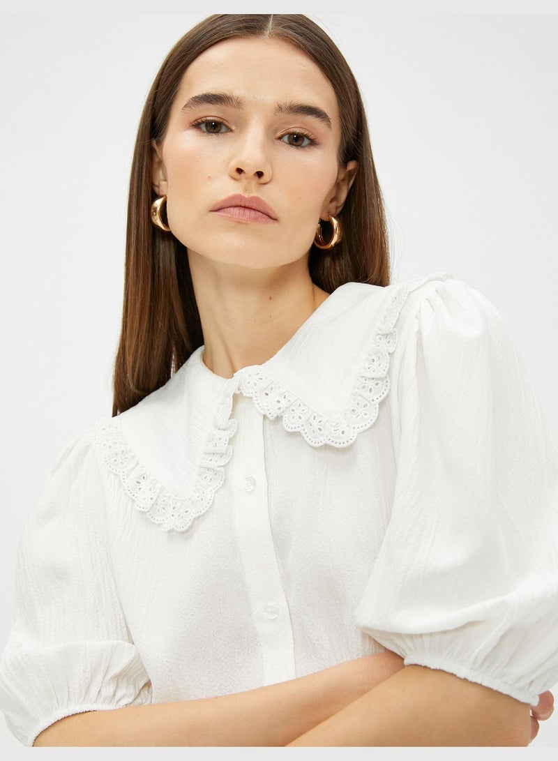 Puff Sleeve Lace Detail Peter Pan Neck