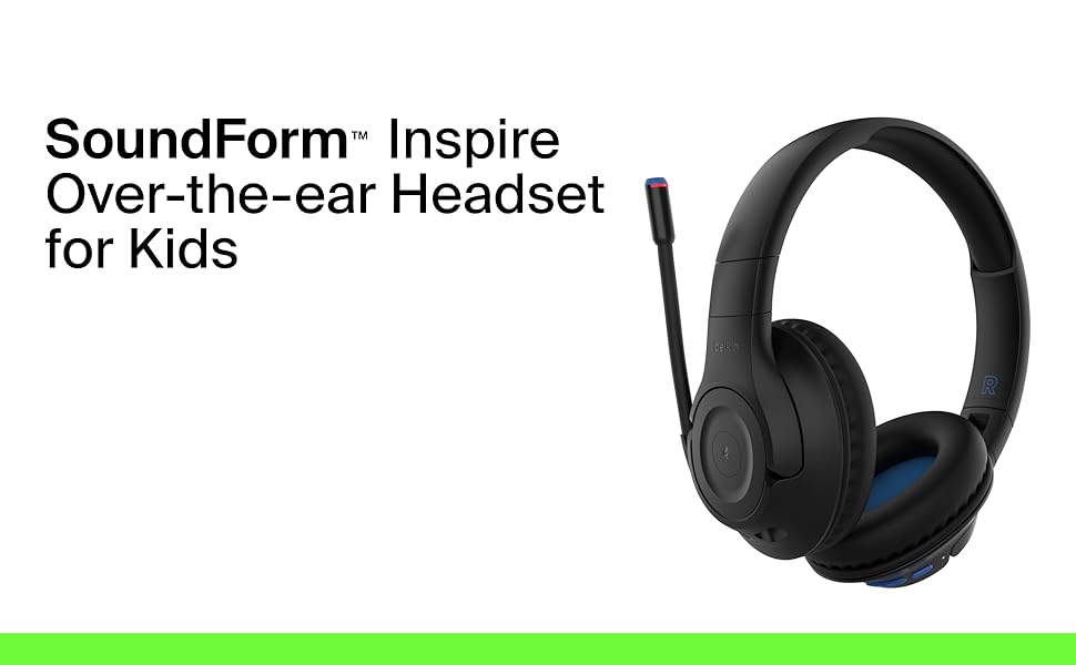 SoundForm Inspire Kids Over Ear Bluetooth Headset Volume Safe 85dB, 35Hrs Playtime, USB-C Fast Charging, Wired/Wireless Use, For Music And On-Line Class, Works W/ Apple, Samsung, HP Black