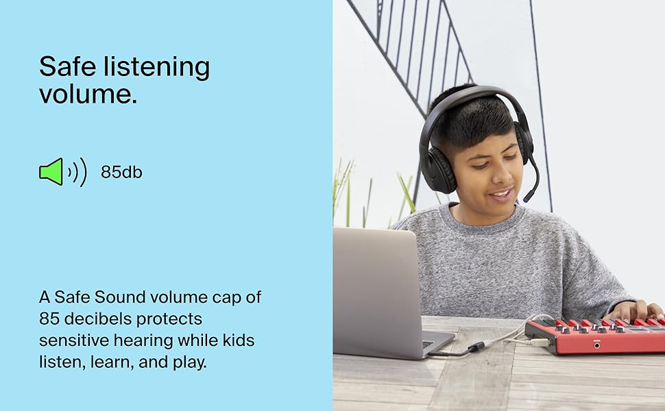 SoundForm Inspire Kids Over Ear Bluetooth Headset Volume Safe 85dB, 35Hrs Playtime, USB-C Fast Charging, Wired/Wireless Use, For Music And On-Line Class, Works W/ Apple, Samsung, HP Black