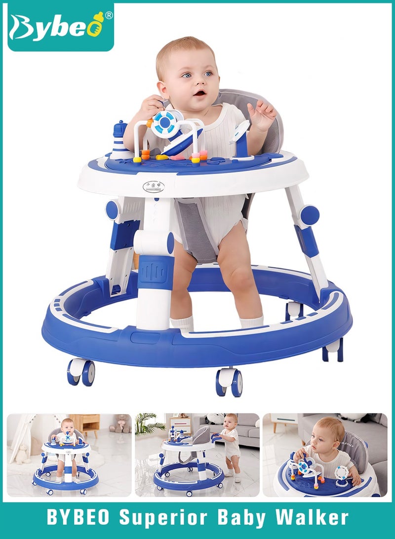 3 in 1 Baby Walker, Foldable Infant Walkers for Boys Girls Children with Big Comfortable Seat Cushion, Detachable Trampoline Mat, Removable Music Tray