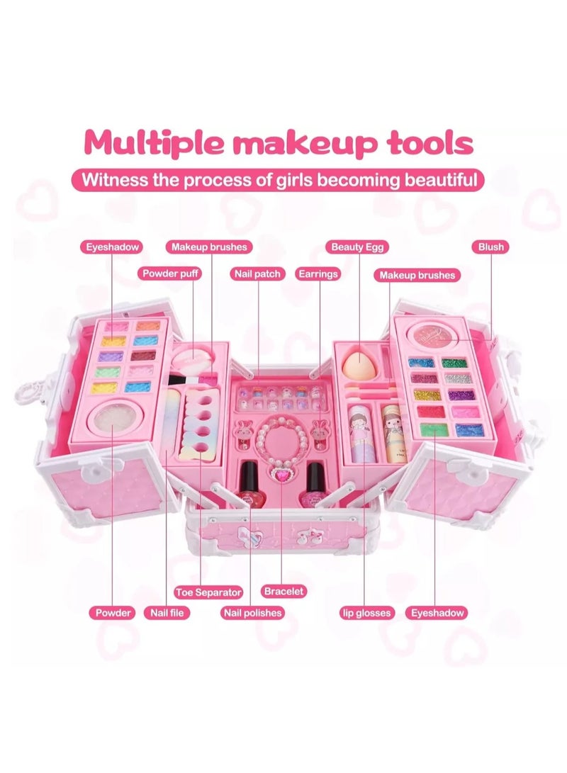 Makeup Set for Girls, Washable Cosmetic Kit, Makeup Box Suitcase Includes Lipstick/Eyeshadows/Nail Polish/Stickers, Kid Toy Gift
