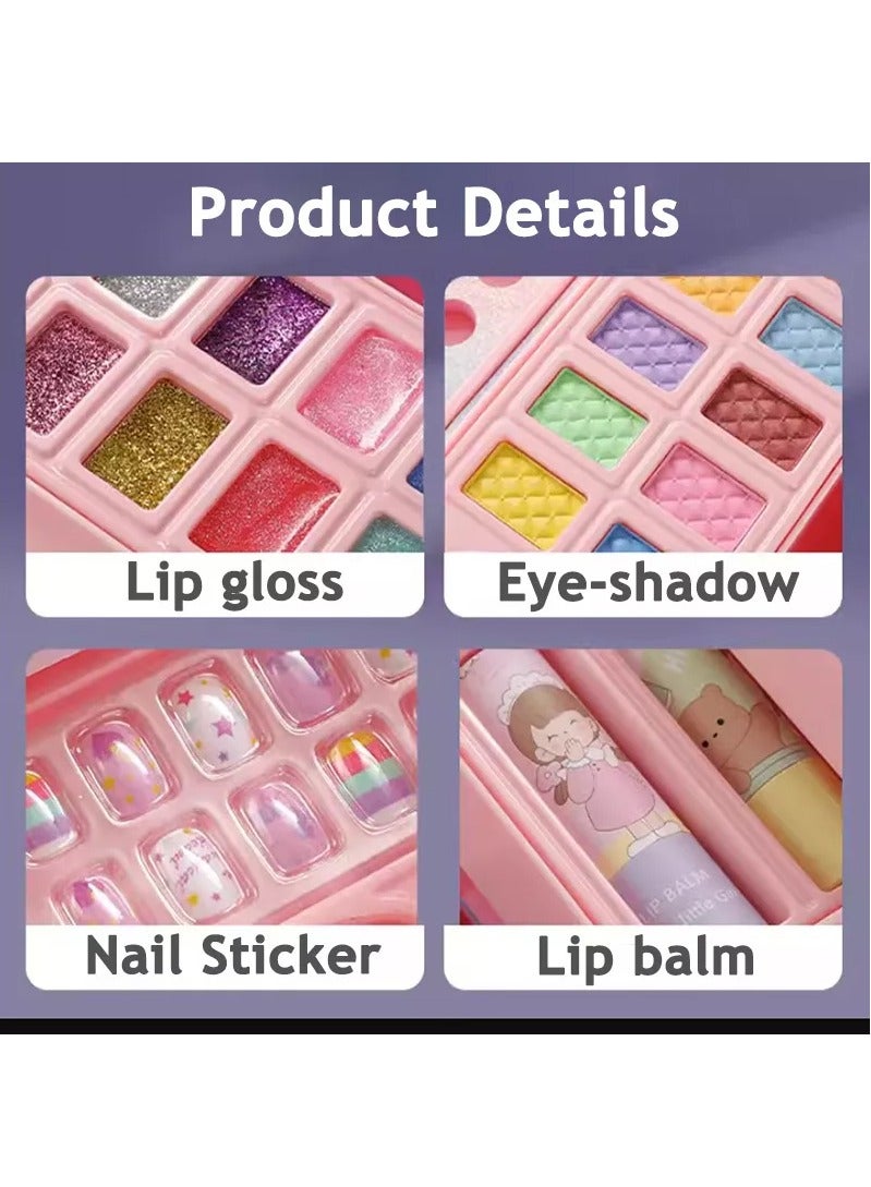 Makeup Set for Girls, Washable Cosmetic Kit, Makeup Box Suitcase Includes Lipstick/Eyeshadows/Nail Polish/Stickers, Kid Toy Gift