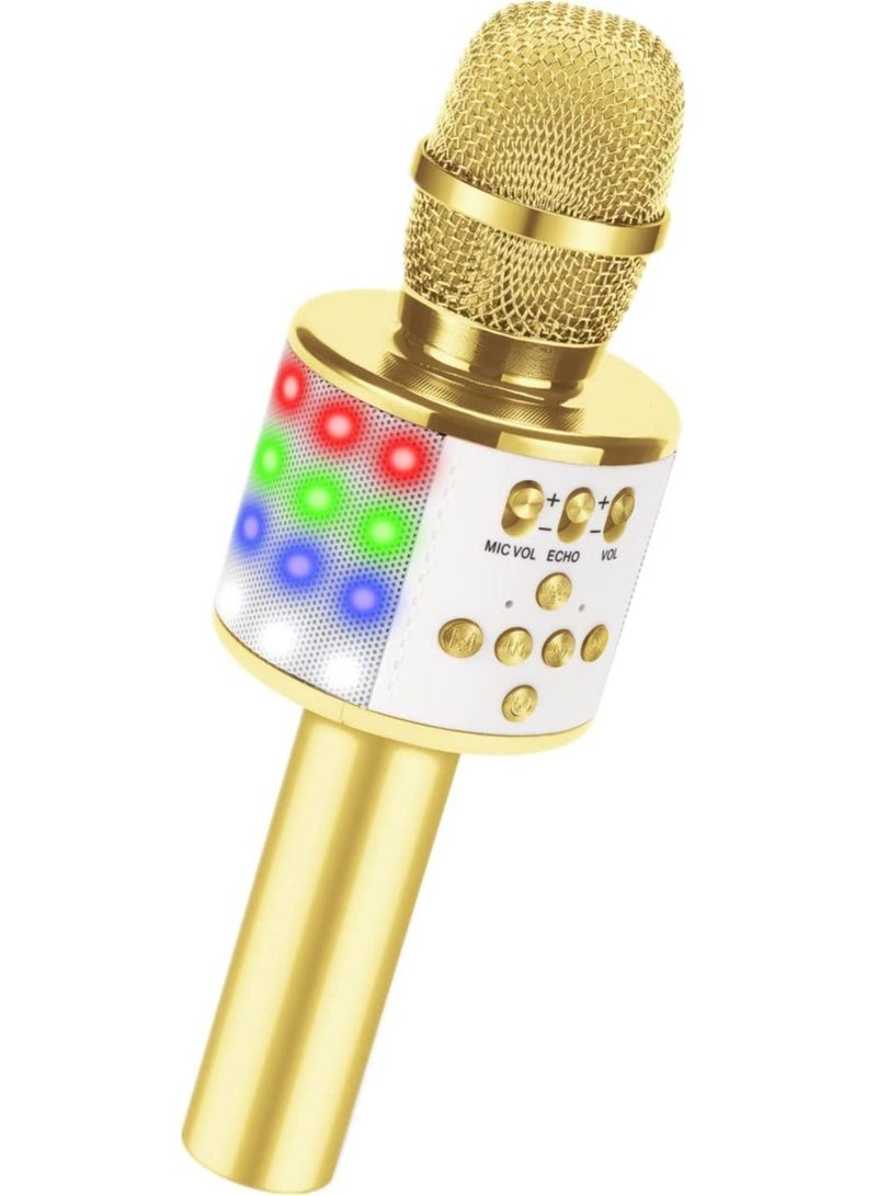 Toy Microphone for Kids, Handheld Wireless Bluetooth Microphone with LED Lights Portable Karaoke Mic Speaker Player Recorder Machine for Birthday Home Party (Gold)