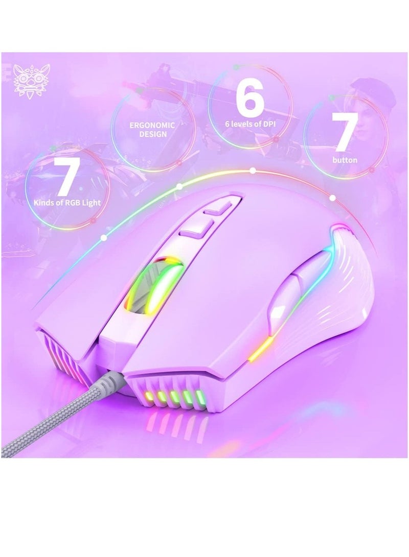 RGB 6400 DPI Wired Gaming Mouse Breathing LED Optical USB 7 Buttons Gamer Computer Pink Mice for Laptop PC Desktop