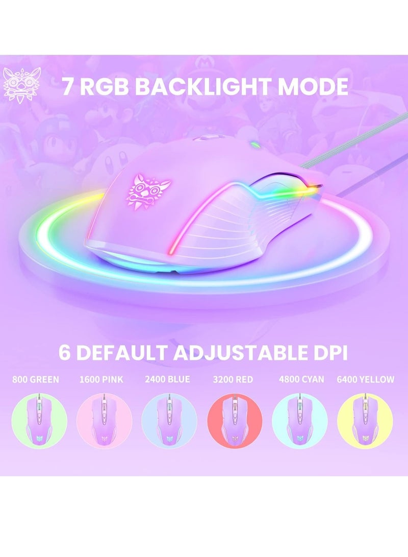 RGB 6400 DPI Wired Gaming Mouse Breathing LED Optical USB 7 Buttons Gamer Computer Pink Mice for Laptop PC Desktop