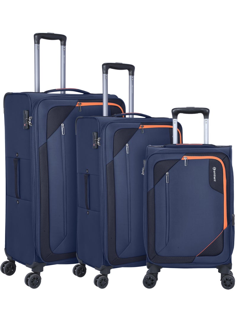 Unisex Soft Travel Bag Trolley Luggage Set of 3 Polyester Lightweight Expandable 4 Double Spinner Wheeled Suitcase with 3 Digit TSA lock E765 Navy Blue