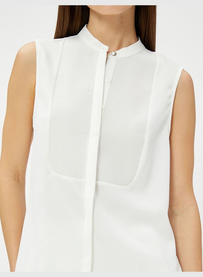 Hidden Button Mandarin Neck Sleeveless Shirt