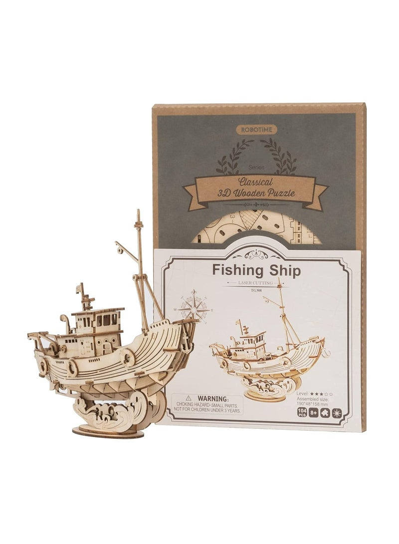 Rolife Fishing Ship Model 3D Wooden Puzzle TG308, 3D Wooden Puzzles for Adults/Teens, Creative Home Decor, Unique Gift for Craft Hobby Adults/Teens