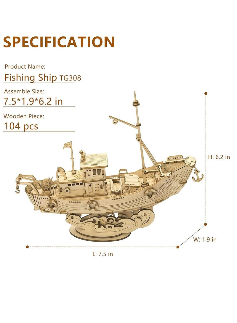 Rolife Fishing Ship Model 3D Wooden Puzzle TG308, 3D Wooden Puzzles for Adults/Teens, Creative Home Decor, Unique Gift for Craft Hobby Adults/Teens