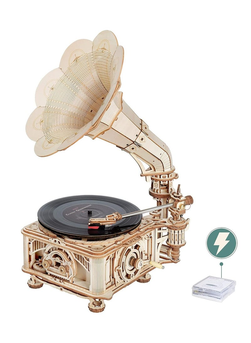 ROKR DIY Crank Classic Gramophone LKB01D （Electric rotate mode & Hand rotate mode,3D Wooden Puzzles for Adults/Teens, Creative Home Decor, Unique Gift for Craft Hobby Adults/Teens